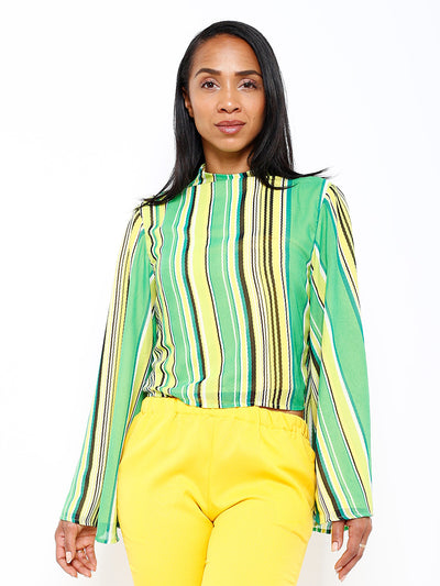 Stripe Green/Yellow Flare Sleeve Blouse