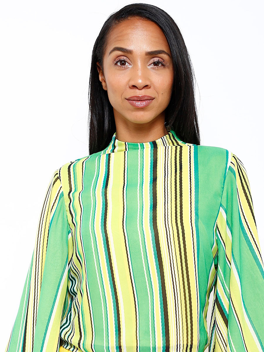Stripe Green/Yellow Flare Sleeve Blouse