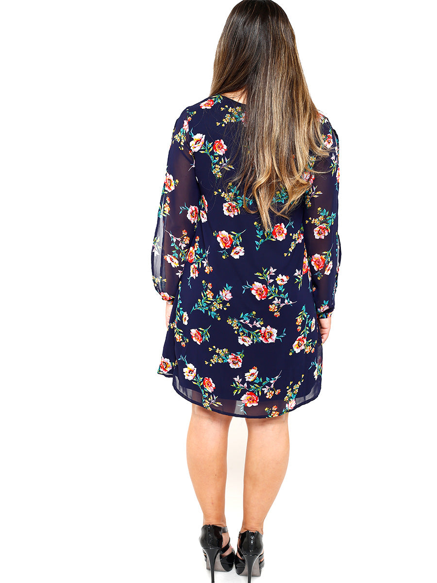 Teresa Open Sleeve Navy Blue Floral Print Dress