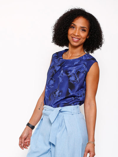 Navy Floral Scoop Neck Sleeveless Blouse