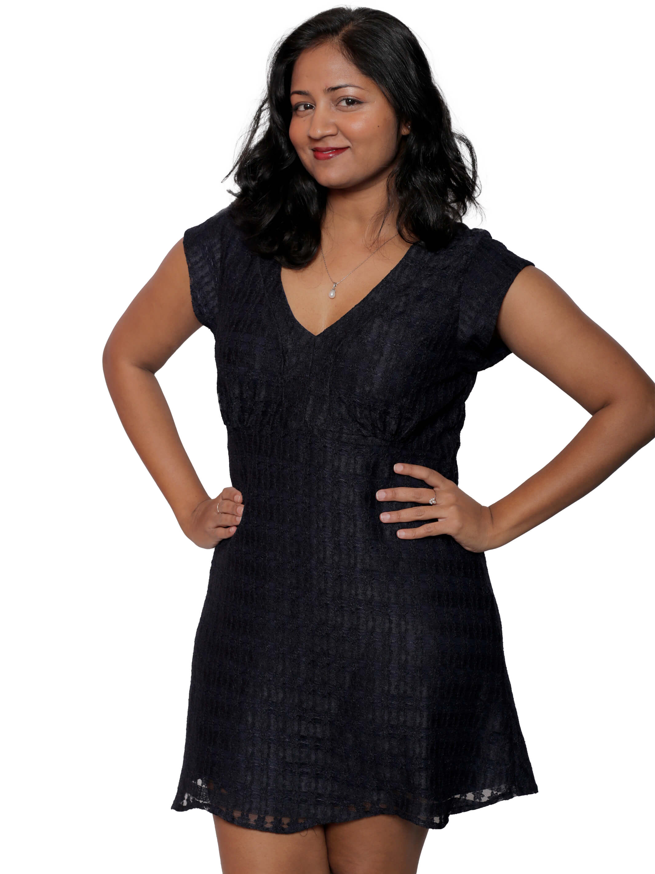 Navy Lace V-Neck S/S Dress