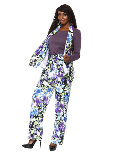 Purple Floral High Waist Pant with Matching Scarf