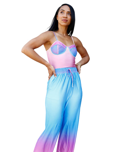 Pink and Turquoise Sunset Lounge Wear Set with Cami & Wide Leg Pant