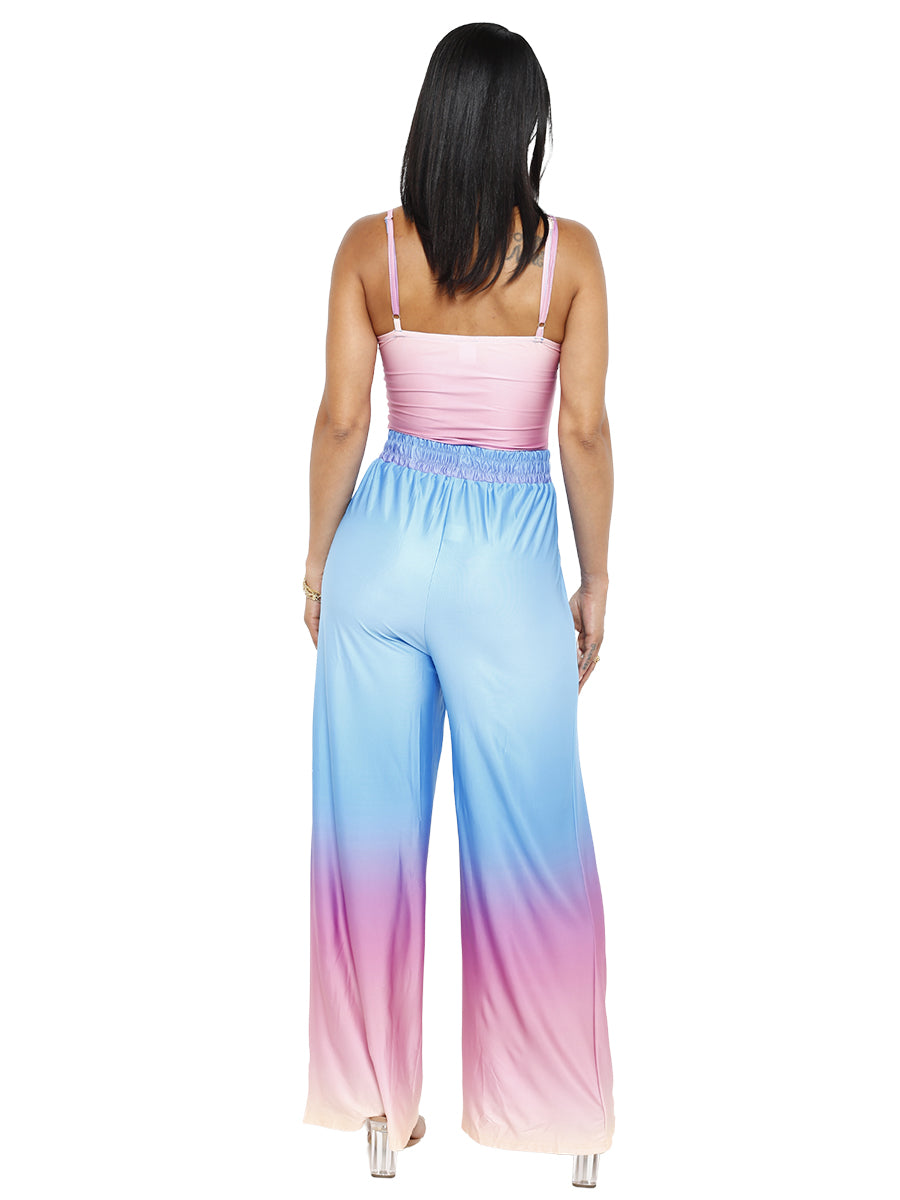 Pink and Turquoise Sunset Lounge Wear Set with Cami & Wide Leg Pant
