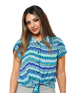 Turquoise Multicolored S/S Tie Front Button Top